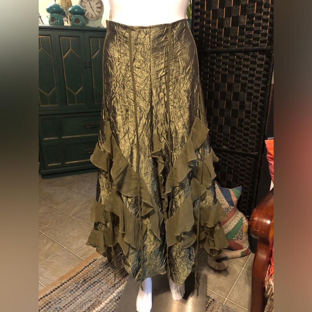 Elegant Olive Green Ruffled Asymmetrical Skirt by Cartise